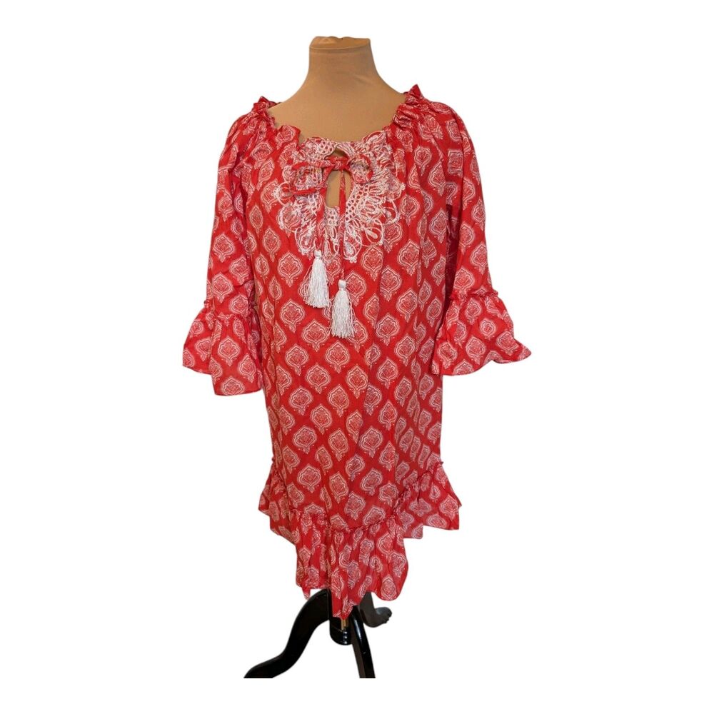 Mud Pie Hailey Ruffle Swimsuit Cover Up Red Jaipur Beach Dress Size Large New